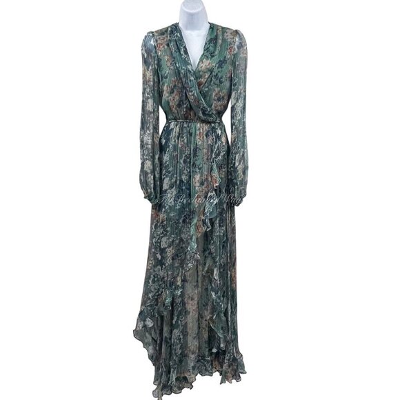 Caroline Constas Silk Vivan Floral Ruffled Georgette Maxi Gown Dress Slate Ombre - Picture 5 of 13